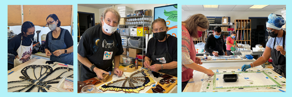 Piece by Piece Artists working on mosaic butterflies. 