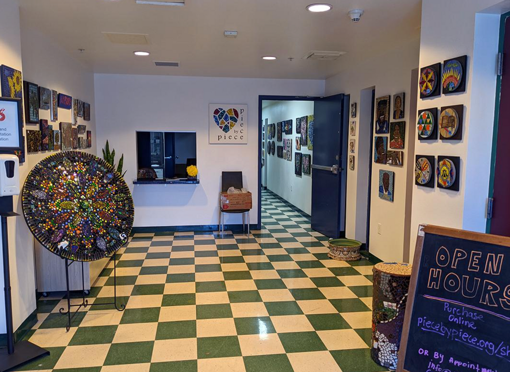 Piece by Piece lobby area, the walls are filled with art!